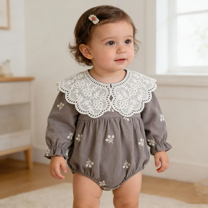 

Baby Girl Clothes Spring Autumn New Flower Lace Collar Embroidered Cotton Long Sleeve Crawling Suit with Butt Cover Outfit