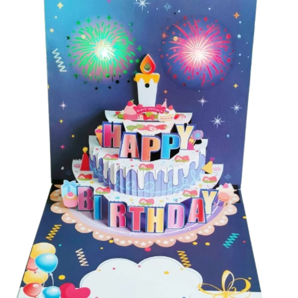 

Musical and Light Happy Birthday Card Effect Hollow Paper Carving 3D Popup Greeting Card Cartoon Patterned Blowable Led Candle