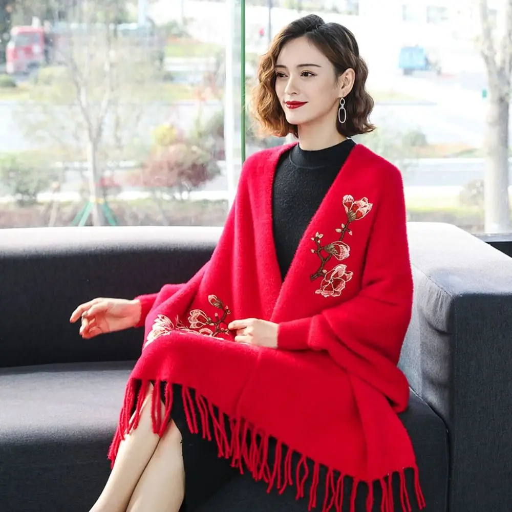 

Imitation Mink Fur Embroidery Scarf Thicken Luxury Winter Warm Shawl Wraps Tassel Elegant Long Fringed Shawl