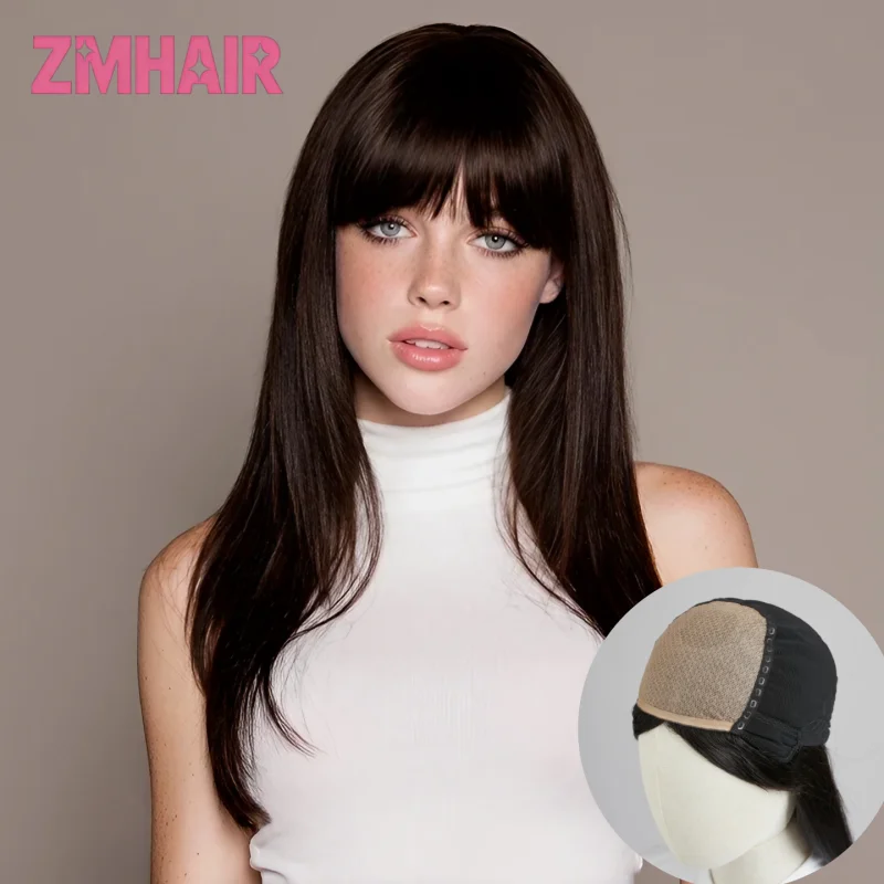 

20-дюймовый парик из натуральных волос с шелковой основой 5*5, с воздушной челкой и детской прядью, предварительно проработанный, прямой, из бразильских волос Реми, для женщин