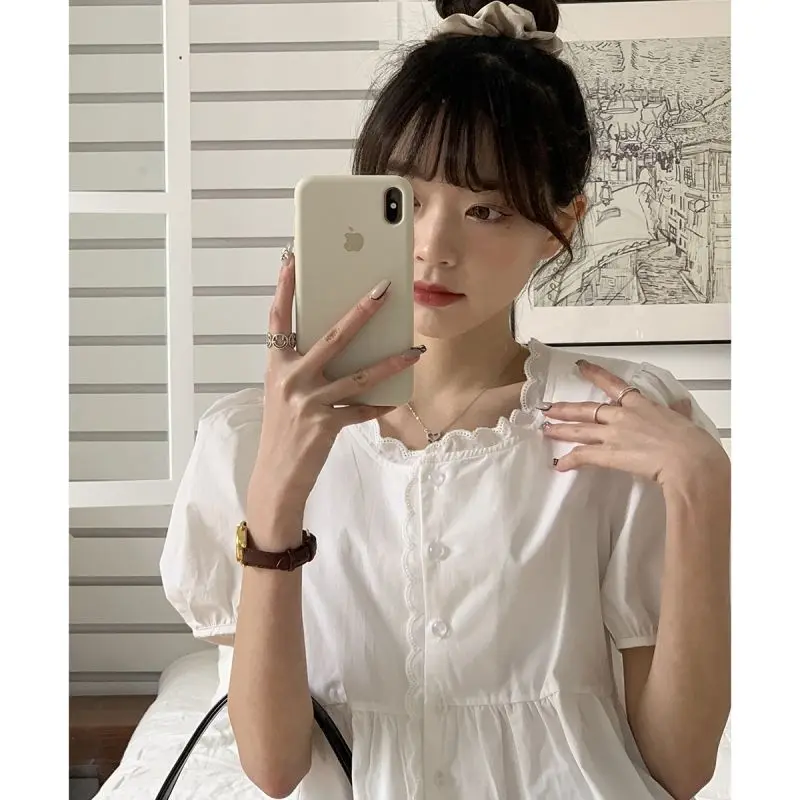 Lace Shirts and Blouses Korea Summer Fashion Woman Blouse 2024 Solid Top Female Short Sleeve Ruffles Shirts Sweet Clothes New