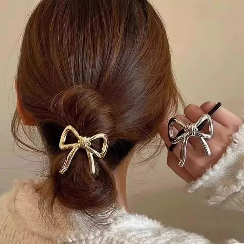 

Korean Silver Metal Bow Hair Rope for Women Ponytail Headstring Elastic Rubber Band Simple Elegant Hair Tie Hair Accessories