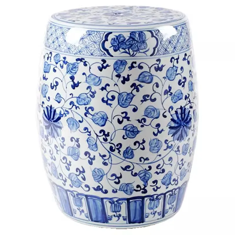 Chinese Antique Blue And White Ceramic phoenix rich Peony Drum Ottoman