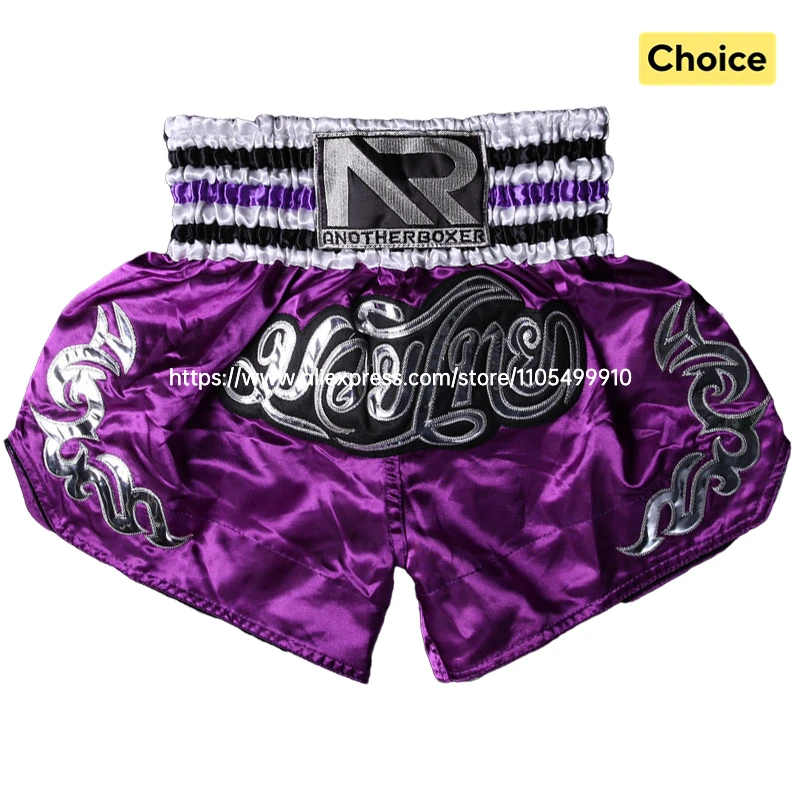 Muay Thai Shorts Lila Kampf-Kickbox-Shorts für Männer Frauen Kinder Thai-Boxshorts mit Stickerei Satin Sparring MMA Trainingshosen