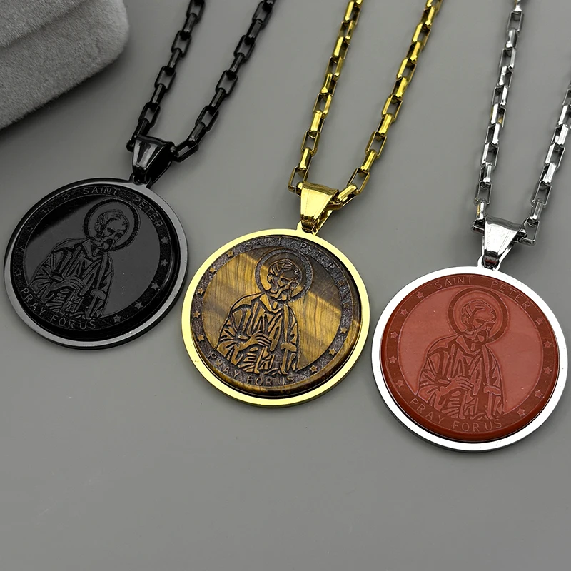 

Christian Saint Peter Pray For Us Pendant Necklace for Women Men Stainless Steel Natural Stone Chain Necklaces Jewelry Gifts