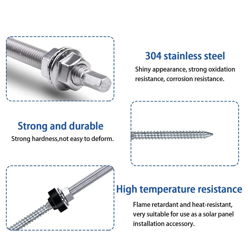 สลักเกลียวราวแขวนสแตนเลส M10 X 200มม., ประกอบล่วงหน้า, V2A, ปรับความสูงได้, สำหรับการติดตั้งพลังงานแสงอาทิตย์หลังคา, 8แพ็ค