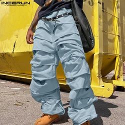 INCERUN 2024 American Style Trousers Stylish Men Pleated Design Layered Long Pant Casual Well Fitting Male Solid Pantalons S-5XL