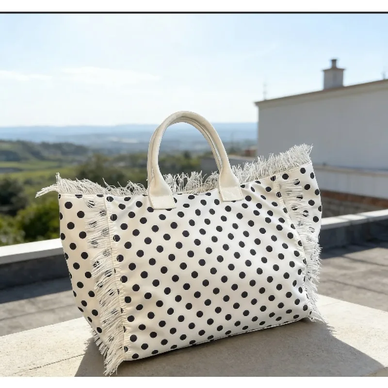 

Tassel Zipper Large Capacity Korean Style Casual Tote 2026 New Trend Bags Nylon Dots Blackwhite Color Matching Shoulder Bags