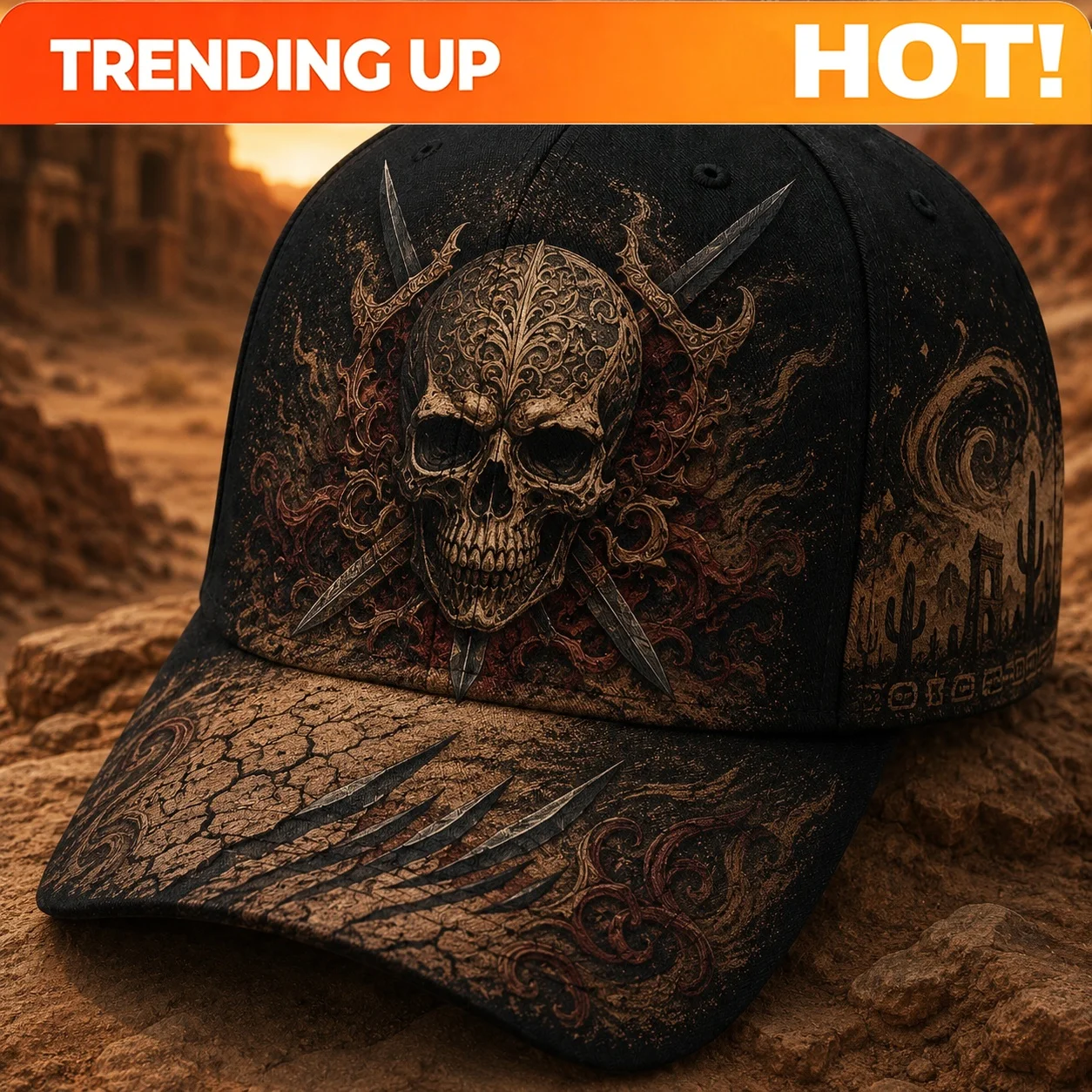 Custom Men'S Gothic Skull And Crossed Blades Print Baseball Cap. Adjustable Summer Hat, Ideal For Parties, Travel, And Casual Ou