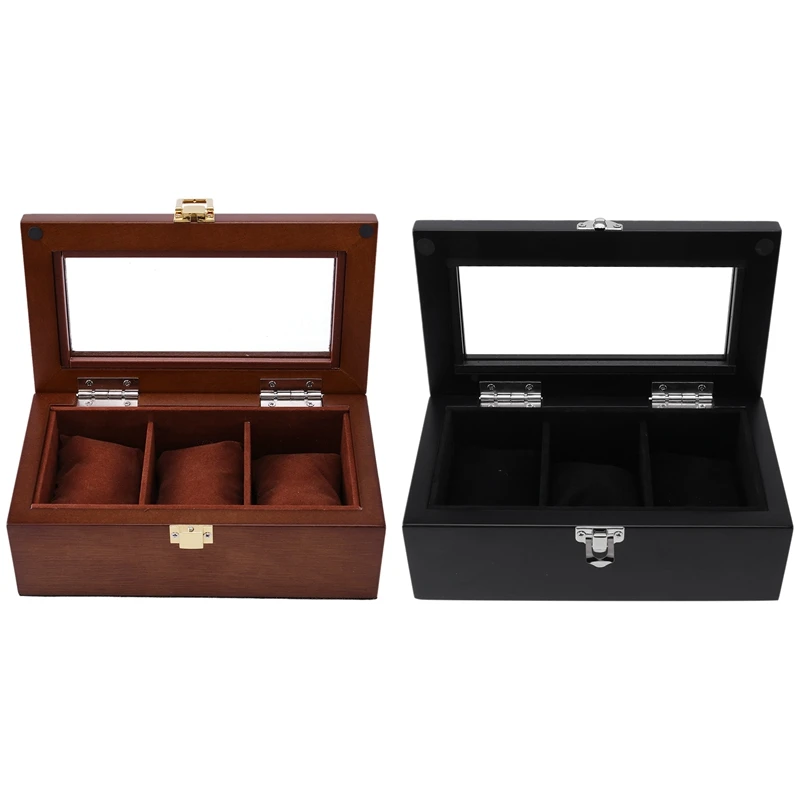 3 Slots Wooden Watch Display Case, Glass Topped Wooden Watch Display Case Watch Jewelry Organizer