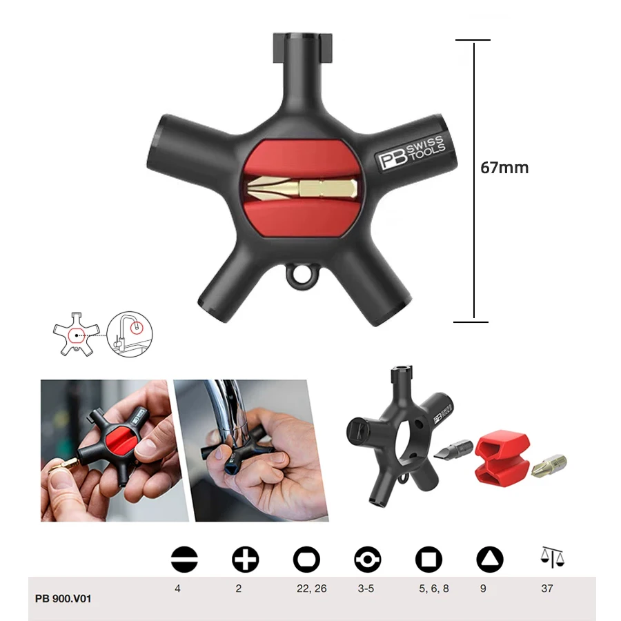PB Swiss Tools PB 900.V01 9-in-1 Universal Cabinet Pocket Key Tool with Bit Holder 2 C6 Bits & Detachable Key Ring