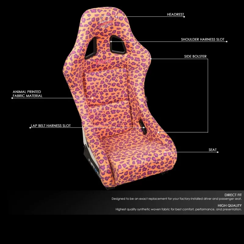 NRG-FRP-303-OR-SAVAGE Prisma Fixed Back Bucket Racing Seat with Bottom Mount Bracket, Orange Savage Leopard Print Fabric/White P