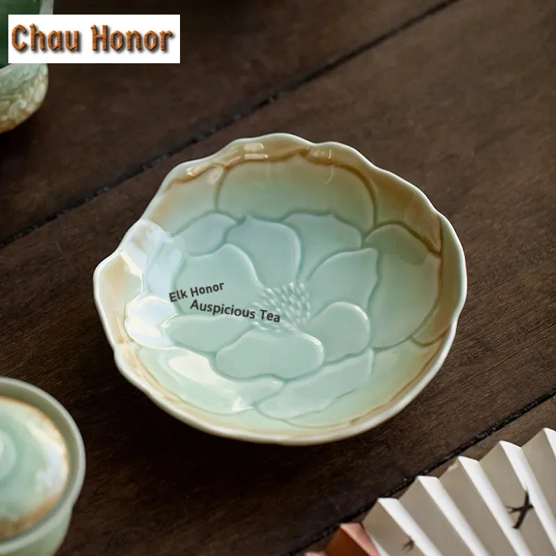 Retro Gradient Blue Carved Flower Sitting Lotus Pot Bearing Plate Ceramic Dry Brewing Table Tea Tray Refreshment Dry Fruit Plate