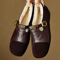 2024 Winter new women's sheepskin patchwork slip-on Mary Jane flats wool inside casual female soft comfort t-strap ballerinas