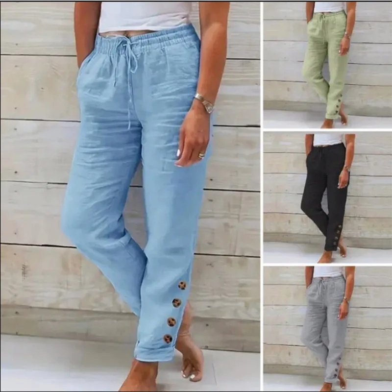 Pant women 2026 casual Autumn Stretch-tight Waist Solid color cotton linen straight casual button Long Pants for women clothing
