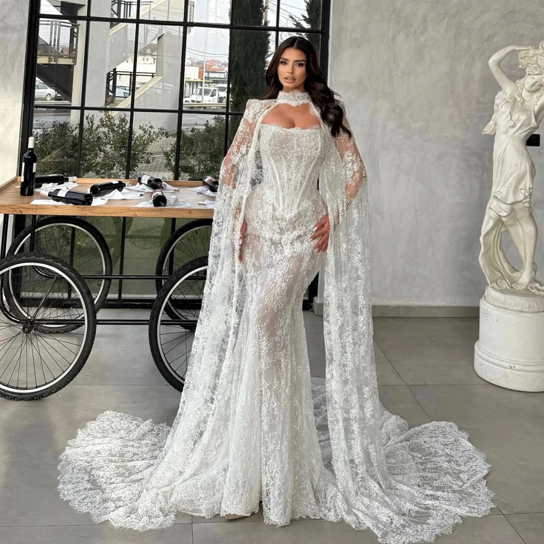 Lace Mermaid Wedding Dresses Bustier Corset Strapless Vestido de Novia with Wrap Shawl Customized Sweep Train Robe De Soirée