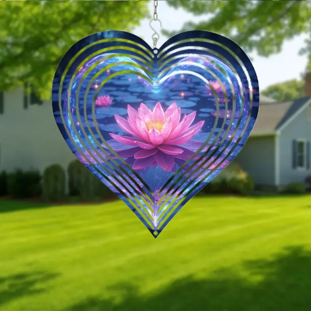 2D Flat, 1pc Metal Wind Chime, Decorative Hanging Piece, Peaceful Pink Lotus in Calm Water - Otherworldly Shine
