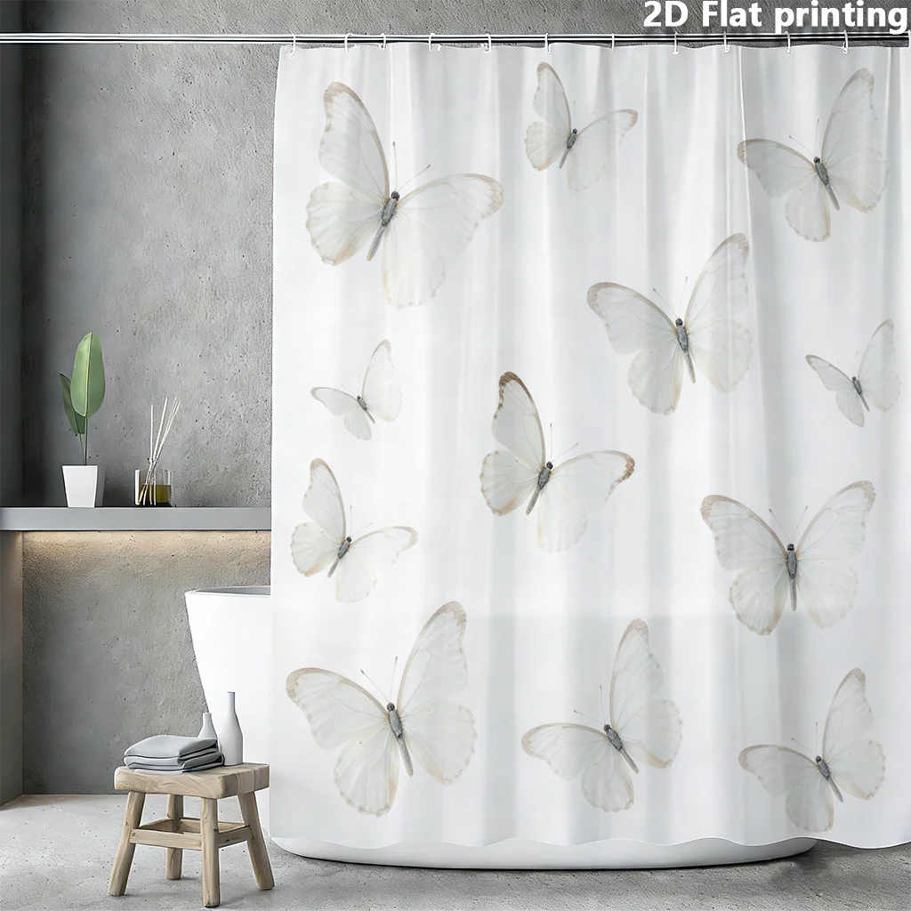 

Занавеска для душа с 2D-принтом: Прозрачные белые бабочки на чисто белом фоне с серо-коричневыми краями и прожилками, в различных позах
