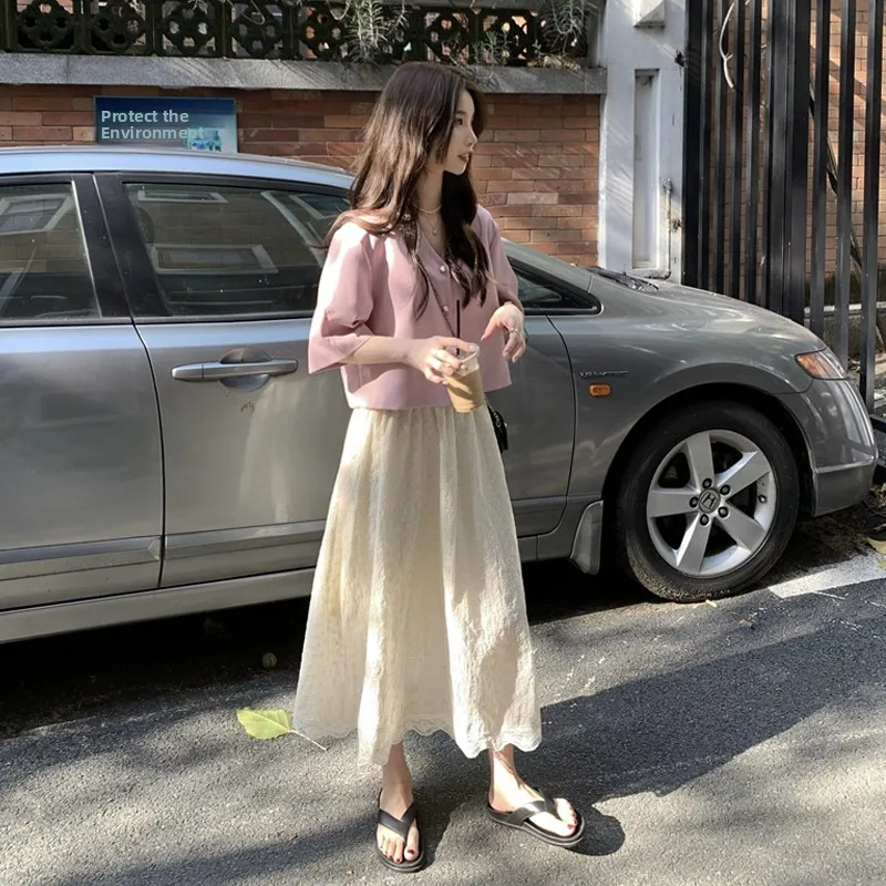 

Шикарный комплект Sweet Pink Heart Button ort Sve irt и кружевная юбка трапециевидной формы с высокой талией, летний женский ансамбль Faion