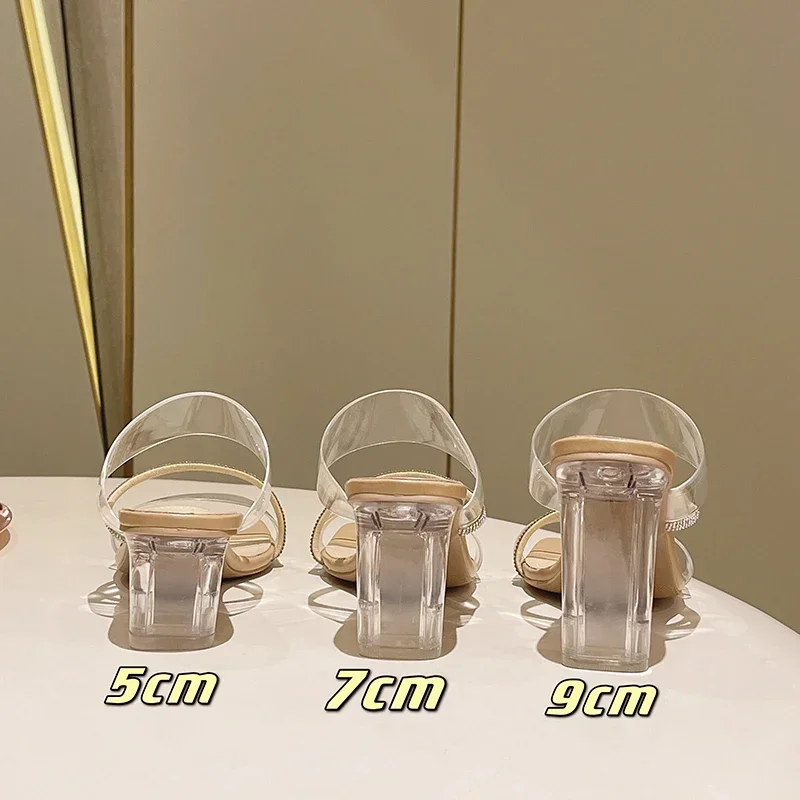 أحذية شفافة النعال كعب مربع النعال النساء الكعب البغال الشرائح هلام الوجه يتخبط كتلة 2025 مضخات عالية بريق #3