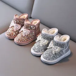 Girls Snow Boots 2022 Winter New Children's Shoes Rhinestone Bow Kids Warm Cotton Shoes Soft Sole Princess Shoes