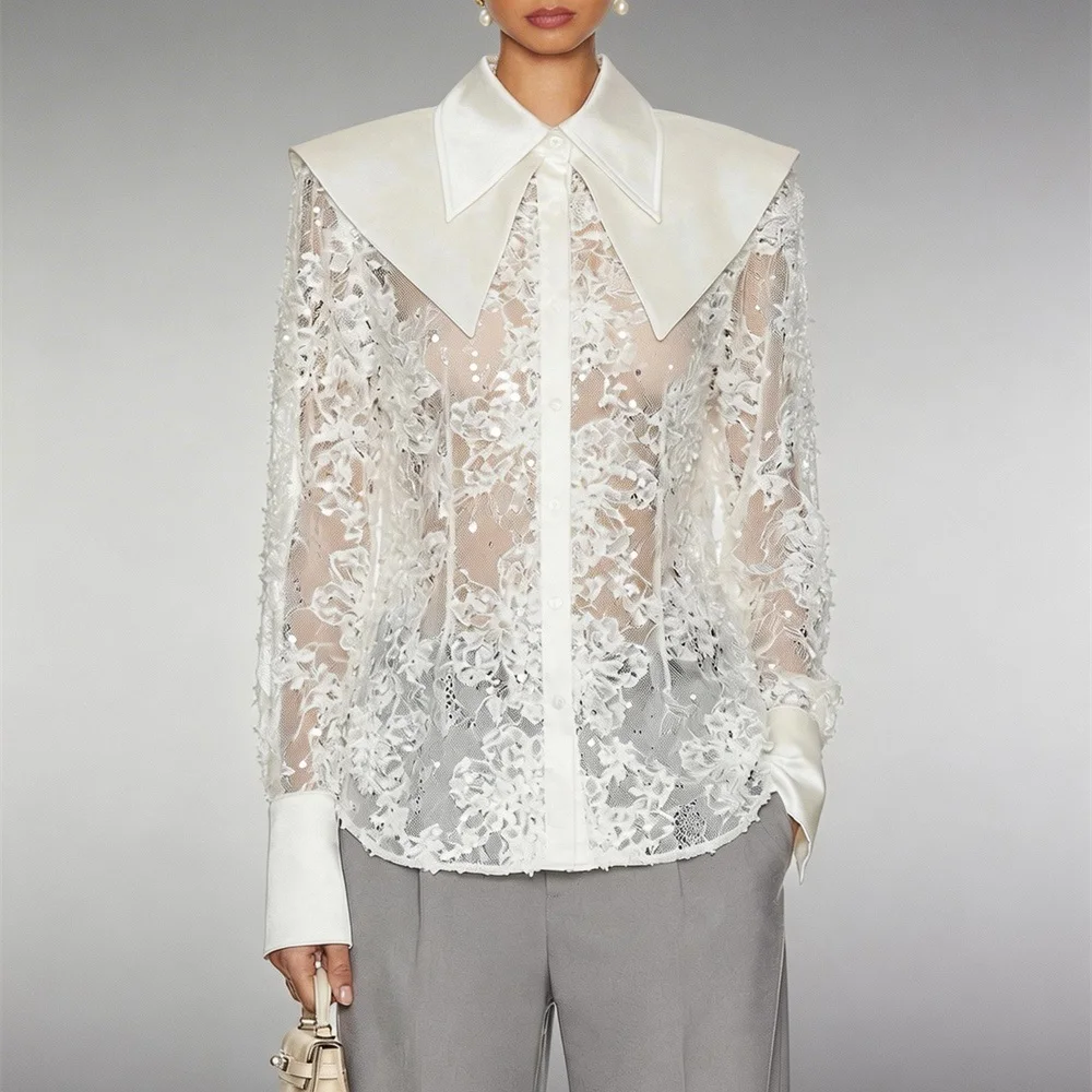 

2026 women's fashion shirt mesh embroidery sequins slim fit perspective sexy women's top cardigan y2k New T-shirt bra