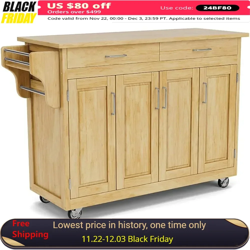 kitchen islands,Natural Finish Four Door Cabinet Kitchen Cart with Cherry Wood Top, Adjustable Shelving