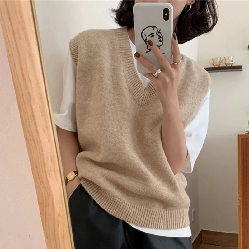 

Korean Gray V Neck Sweater Vests Women Autumn Winter Basic Sleeveless Knitted Sweater Woman Solid Color All Match Waistcoats