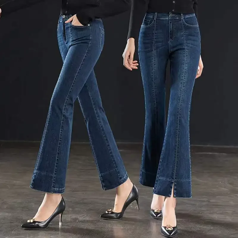 

Korean Fashion Women Vintage Flare Jeans Spring Autumn Split High Waist All-match Pants Office Lady Streetwear Casual Trousers