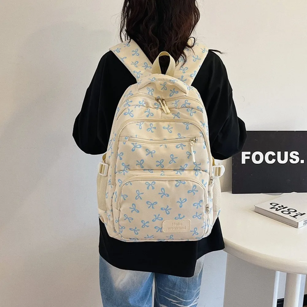 3 Pcs/Set Cute Large Capacity Bow Backpack Nylon Bow Print Student Backpack Adjustable Strap Travel Backpack