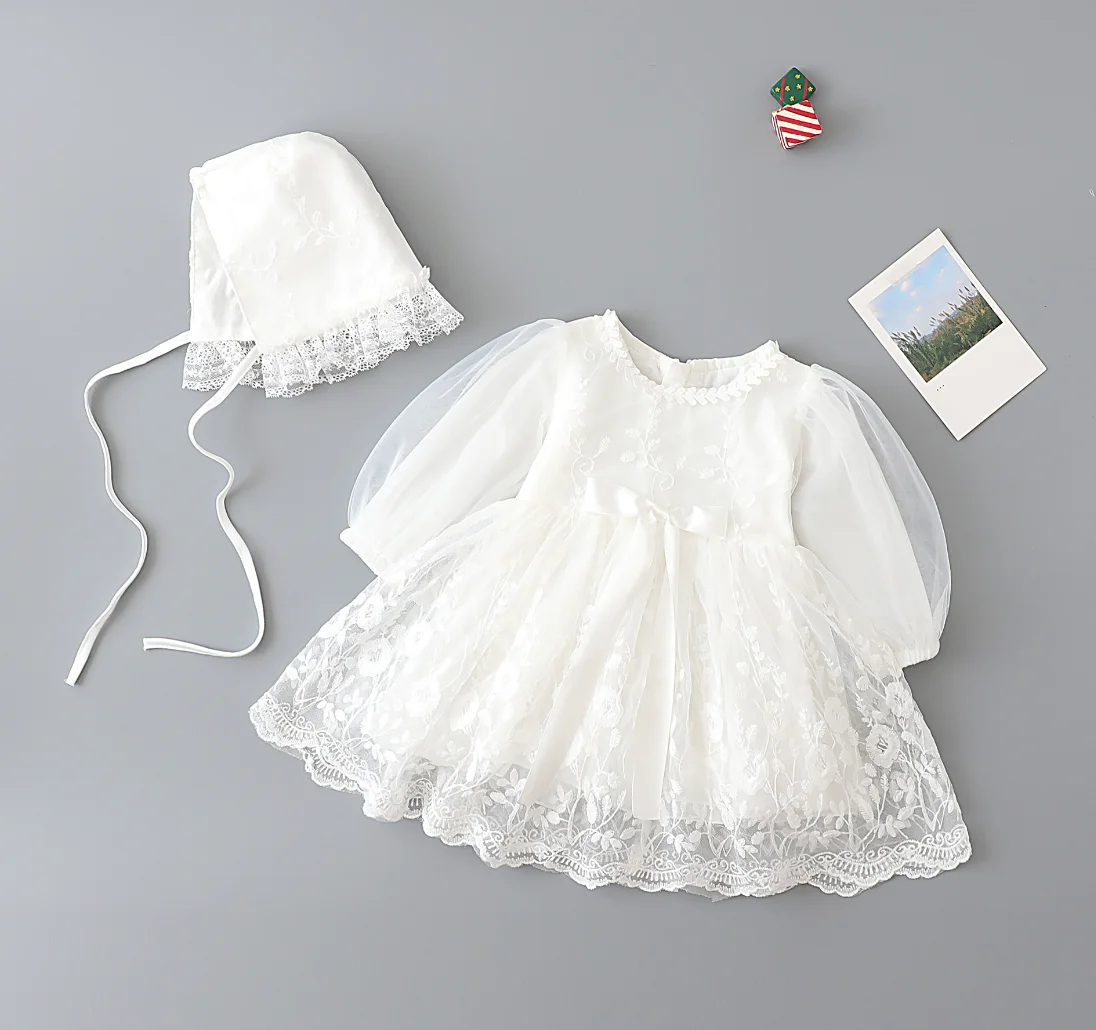 Robe de 1er Anniversaire en Dentelle Blanche avec Chapeau pour Fille, Tenue de Baptême de Princesse pour Nouveau-Né, Automne