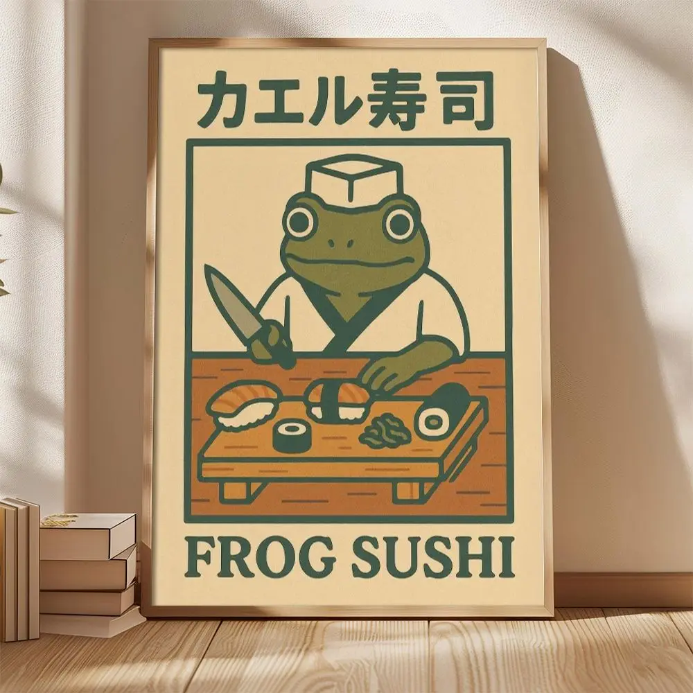 Canvas Wall Art Set of 6 Funny Frog Japanese Retro Poster, Unframed Vintage Asian Ramen Onsen Print for Kitchen Home Wall Decor