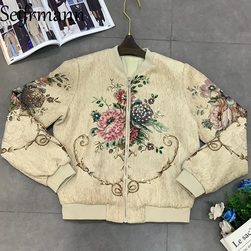 

Seifrmann 2025 Autumn New Coat Nail Bead Embroidered Round Neck Long Sleeve Casual Commuter Women's Fashion Jacket