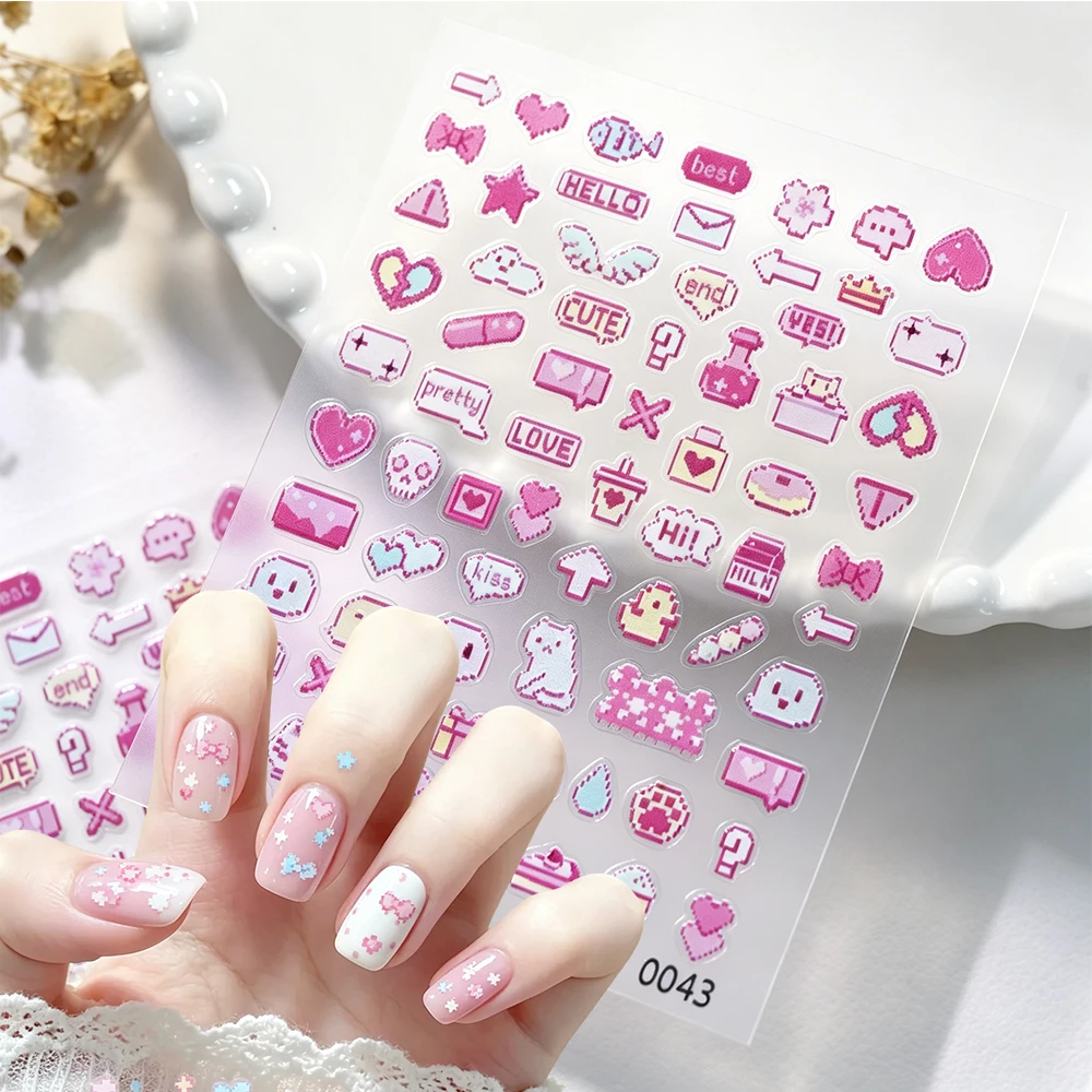 1 Blatt 5D Y2K Pixel Nagelaufkleber, geprägte, süße, rosa Herz-, Buchstaben-, Stern- und Flügel-Nagelsticker, selbstklebende Nageldekorationen für DIY-Nagelkunst, Maniküre-Deko