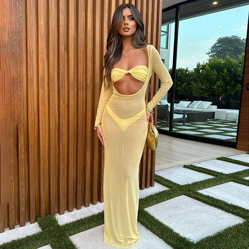 2025, Sommer, solides, durchsichtiges Urlaubs-Maxikleid für Damen, V-Ausschnitt, tief ausgeschnitten, volle Ärmel, schmal, lässig, Strand-Bikini-Vertuschungen