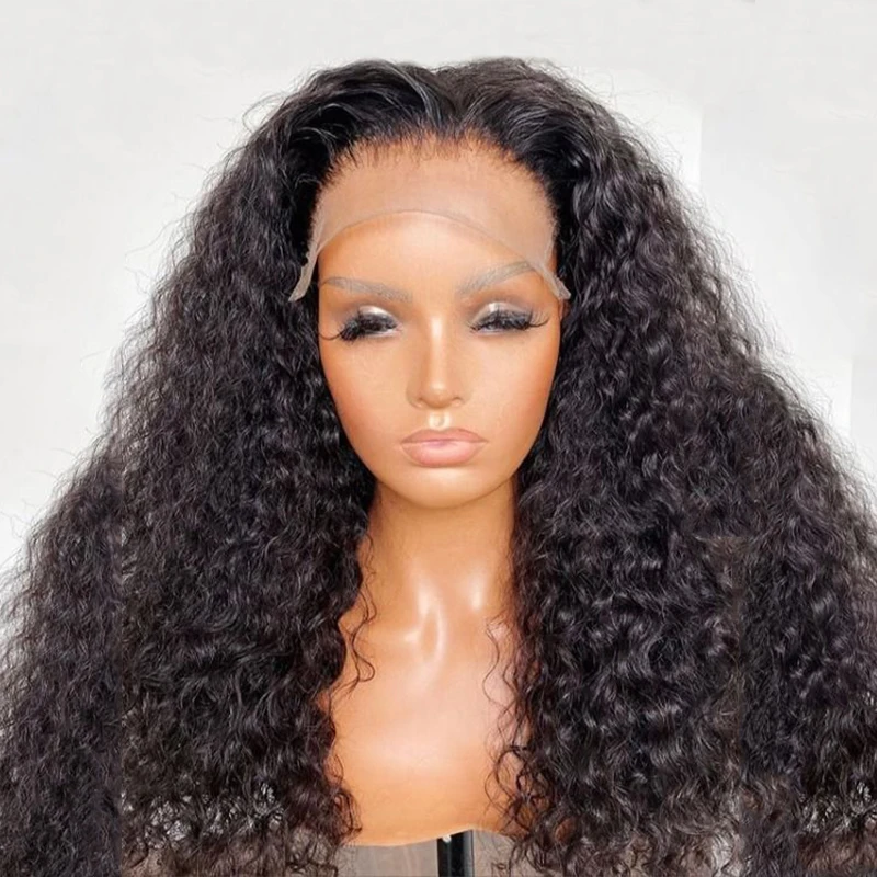 Perruque Lace Front Wig crépue bouclée noire, 26 pouces, pre-plucked, cheveux longs naturels, sans colle, densité 180%, pour femmes