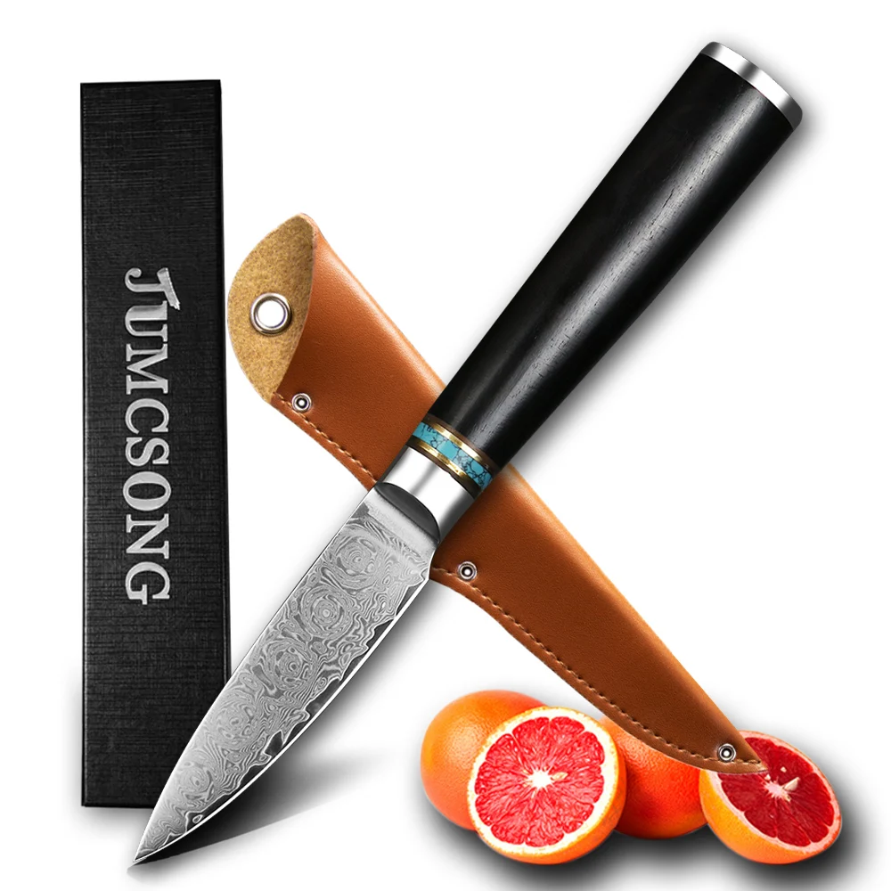 JUMCSONG 3.5-inch Fruit Knife Damascus Steel Blade with Black Sandalwood Turquoise Handle Chef Cooking and Peeling Kitchenware