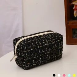 Black Canvas Plaid Travel Cosmetic Lipstick Storage Bag Cute Girls Makeup Handbags Organizer Stationery Pencil Cases Pouch Bag