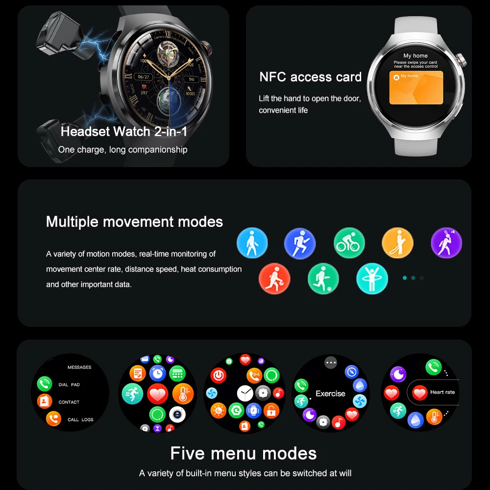 Auriculares 2 en 1 Smarthwatch para exteriores, reloj inteligente NFC para hombres, llamada de diente azul, Monitor de salud del ritmo cardíaco a prueba de agua, información Push