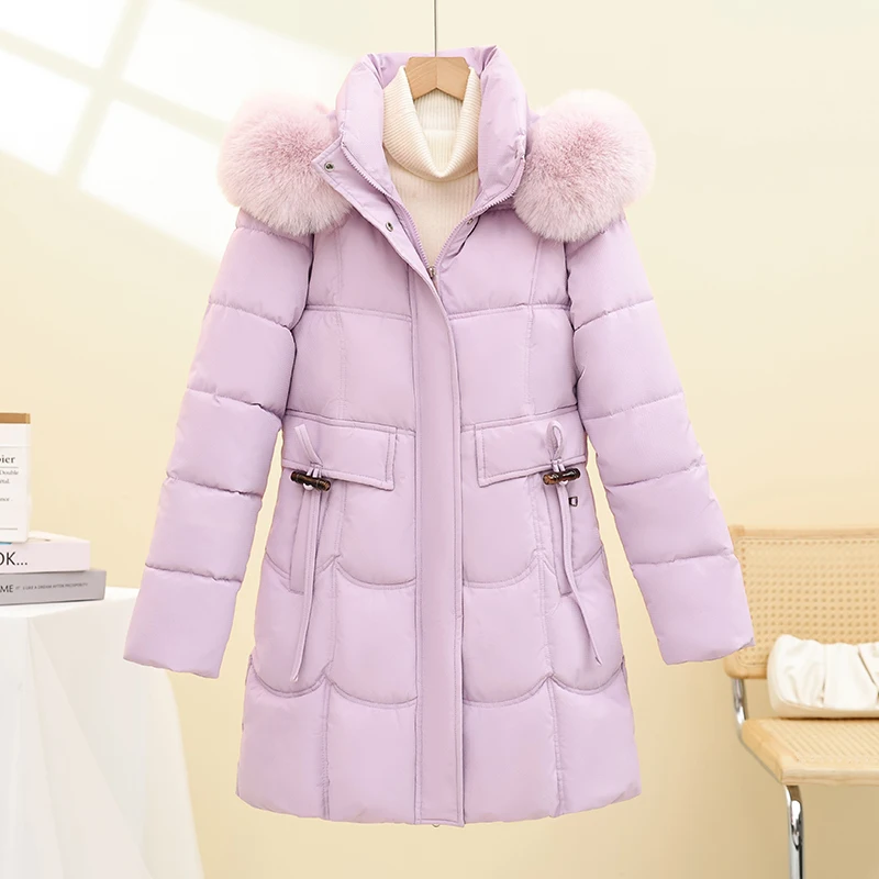 

Detachable Hat Thiened down Collar Women's Cotton Jaet Mid-Length Long Winter Coat Faionable Commute Sle Zipper Closure