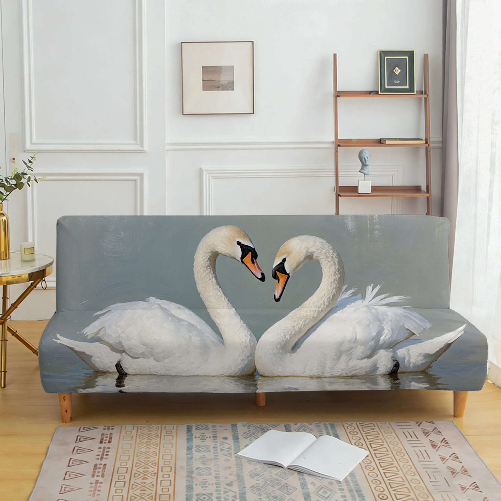 White Swan armless elastic sofa bed cover, non-slip and anti-grab furniture protective cover, easy to install