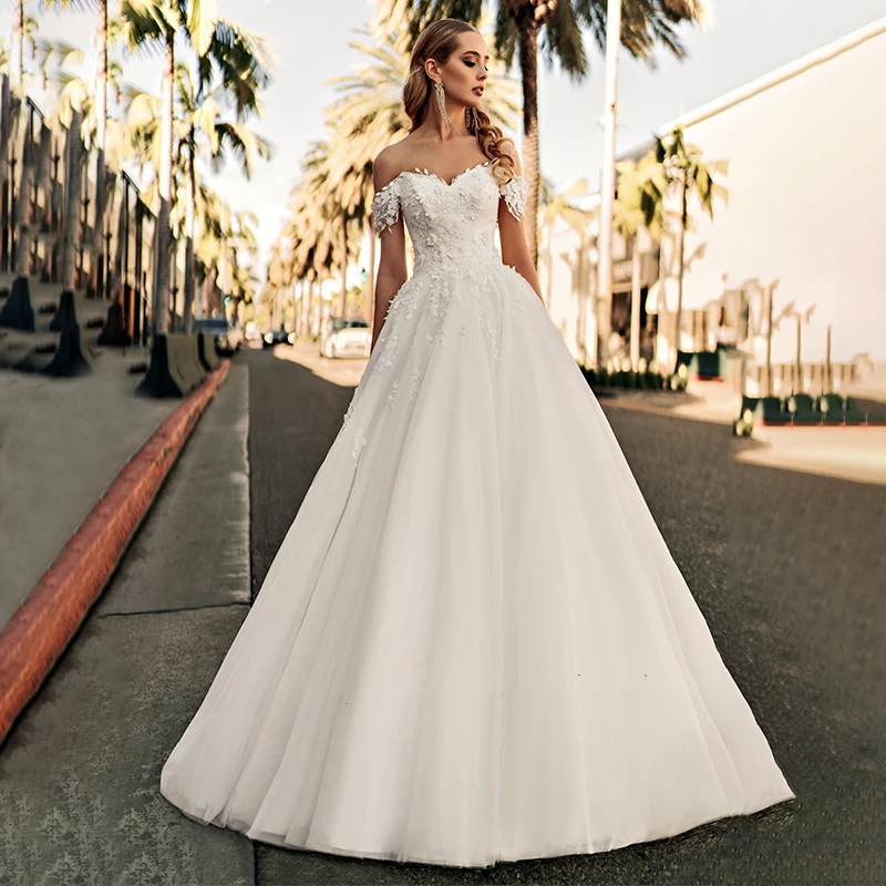 2022 Aviana Charming Weiß Hochzeit Kleid Für Frauen A-Line Spitze Weg Von Der Schulter Gericht Zug Brautkleid Vestido De Novia