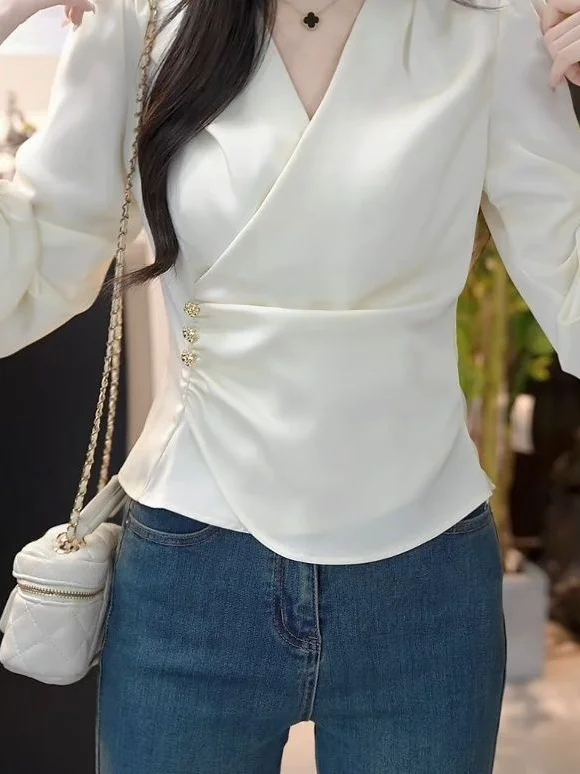 

Loose Korean Style V-Neck Chiffon Shirt Women's Spring New Style Ageless Elegance Pure Color Commute Shirt Knot