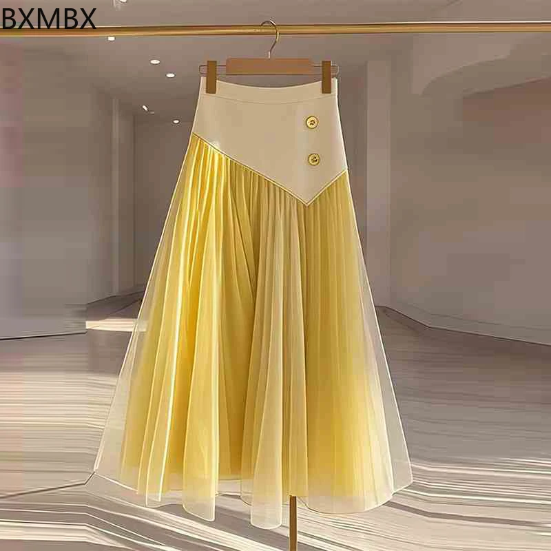 

2025 summer new good-looking high waist and thin high-end medium and long splicing mesh yellow skirt