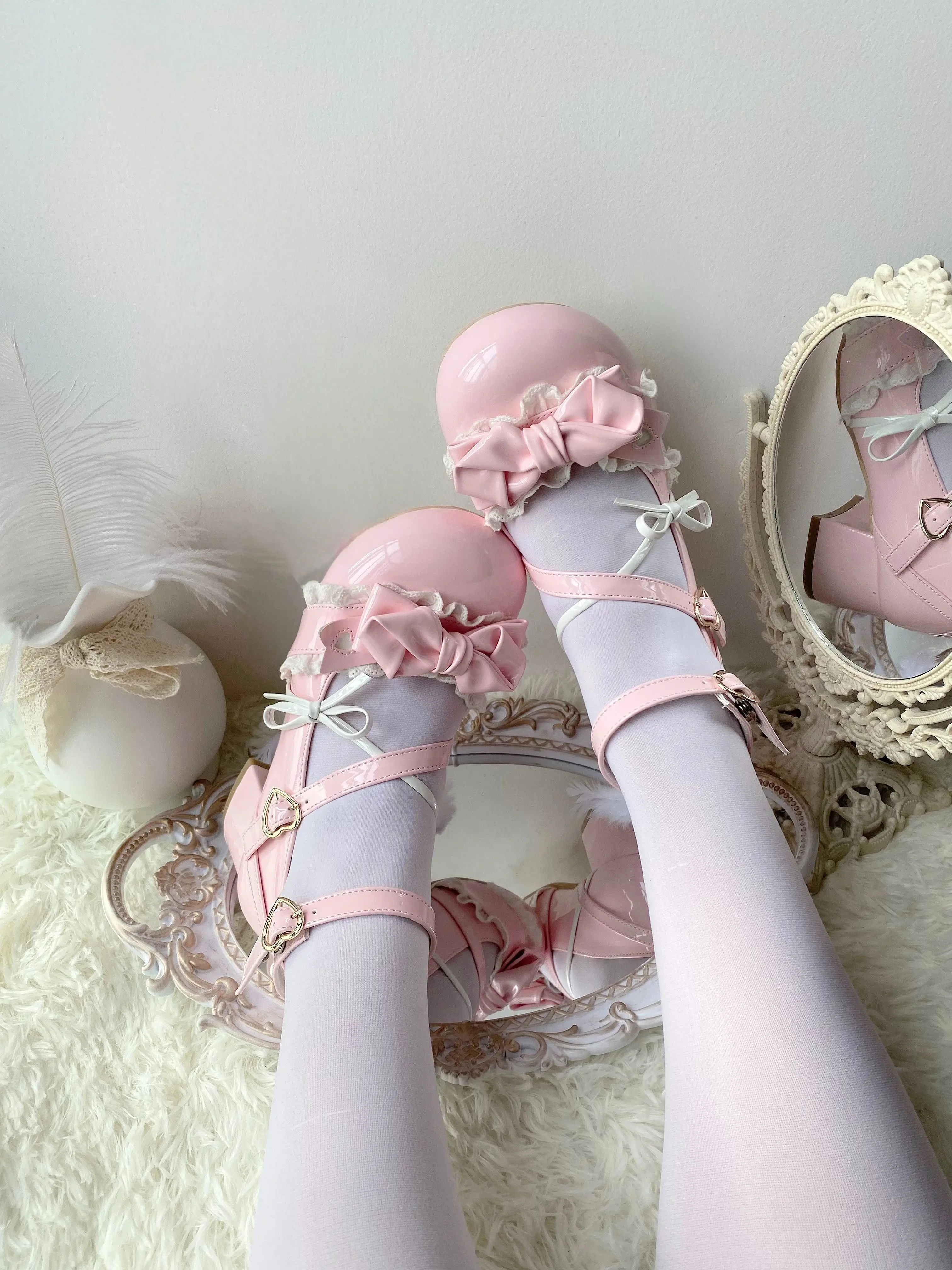 Japanese Style Sweet Lolita Mary Jane Pumps Cute Round Toe Heart Buckle Ruffle Mid Heel Shoes For Women