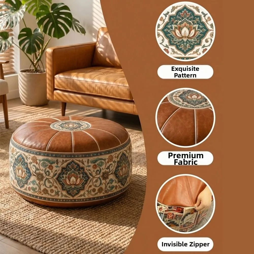 New PU Leather Ottoman Pouf Boho Pattern Foldable Footstool Cover Fillable Round Shape Floor Seat Cushion Multipurpose Storage view 4