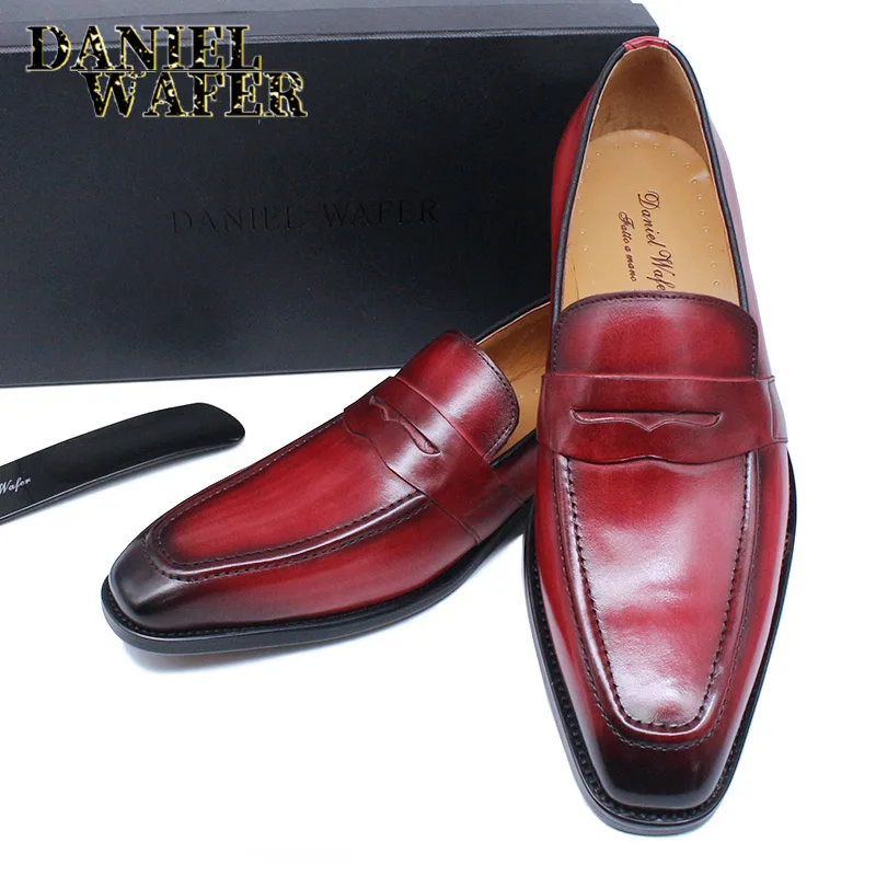 Luxury Men Penny Loafers Genuine Leather Slip On Red Black Casual Business Dress Shoes Mens Wedding Party Office Fashion Shoes - view 3