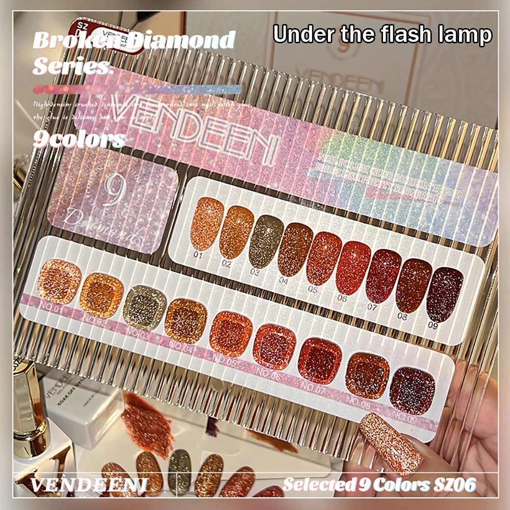 Vendeeni TPO FREE 9 Farben/Set Orange Glitzer Gebrochener Diamant Gel-Nagellack Herbst-Ahornblatt UV-LED-Gel-Lack mit Display – Detail 5