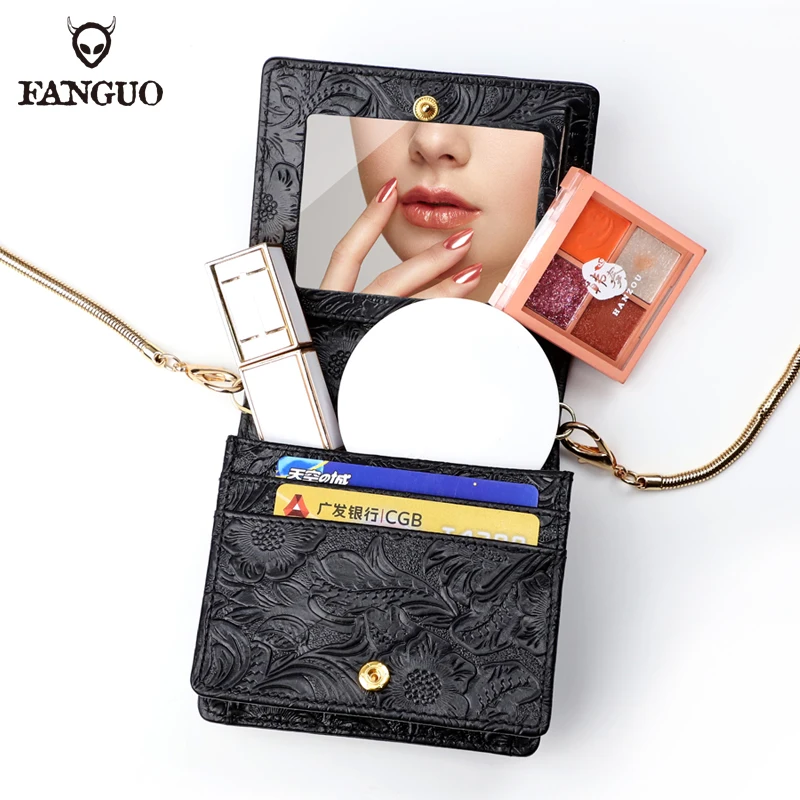 Luxury Women\'s Shoulder Bag Handmade Genuine Leather Card Pocket With Mirrors Makeup Bags Female Crossbody Bag