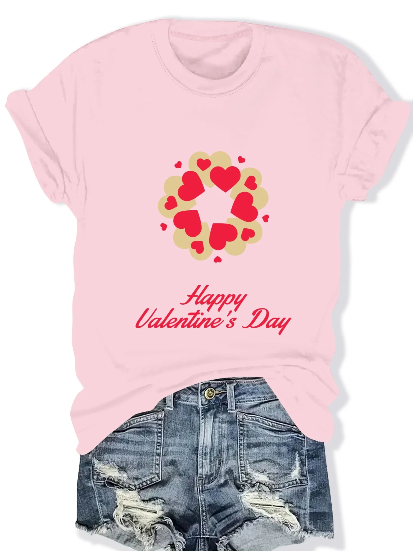 

Fashionable Letter Heart Pattern Printed round Neck Short Sleeve Top for Women Stylish Casual T-Shirt